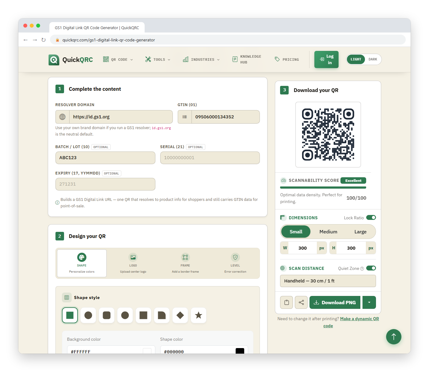 QuickQRC GS1 Digital Link QR code generator in a browser window with the resolver domain id.gs1.org, GTIN 09506000134352 and batch ABC123 filled in, and a live QR code preview with a scannability score and Download PNG button