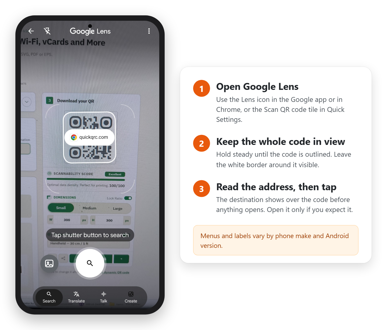 Android phone screen showing Google Lens pointed at a QR code on a laptop, with the code outlined and the address quickqrc.com shown over it, beside three steps: open Google Lens, keep the whole code in view, read the address then tap
