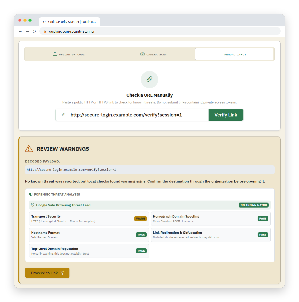 Browser window showing the QuickQRC security scanner after a link was pasted in Manual Input: the heading Review Warnings, the decoded address, Google Safe Browsing reporting no known match, and the plain HTTP check flagged WARN while the hostname, homograph, redirect and domain-ending checks pass