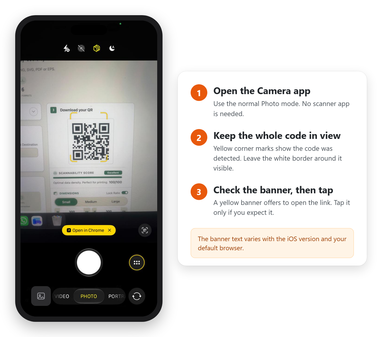 iPhone Camera app pointed at a QR code on a laptop screen, with yellow corner marks around the code and a yellow Open in Chrome banner below it, beside three steps: open the Camera app, keep the whole code in view, check the banner then tap