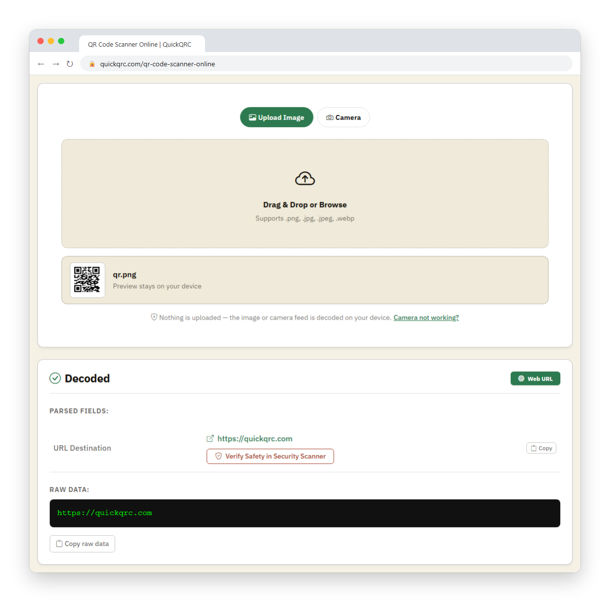 Desktop browser window showing the QuickQRC online scanner after a QR code image was uploaded: a thumbnail of the image, then Decoded with the Web URL type, the destination https://quickqrc.com and the raw data