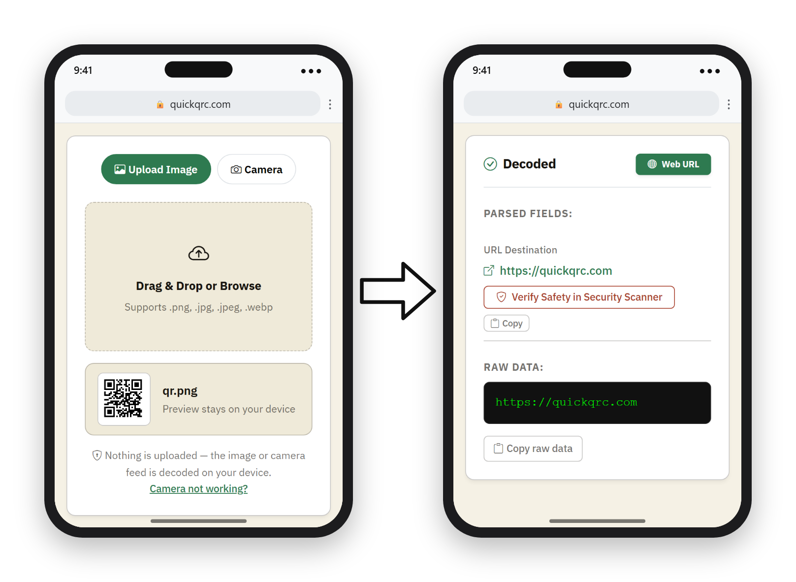 Two phones side by side in a mobile browser: on the left the QuickQRC scanner with an uploaded QR code image, on the right the decoded result showing the web address https://quickqrc.com and a Verify Safety in Security Scanner button