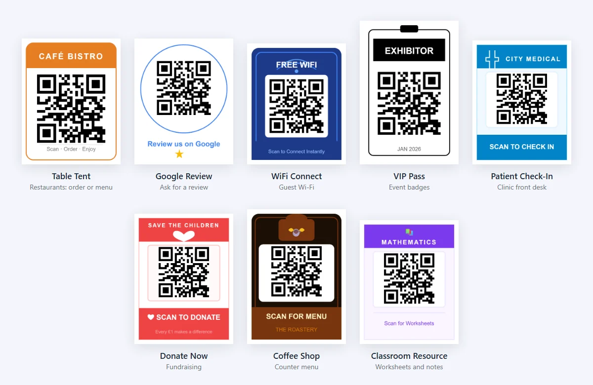 Eight QR code frame templates for specific uses: Table Tent for restaurants, Google Review, WiFi Connect, VIP Pass event badge, Patient Check-In, Donate Now for fundraising, Coffee Shop counter menu and Classroom Resource