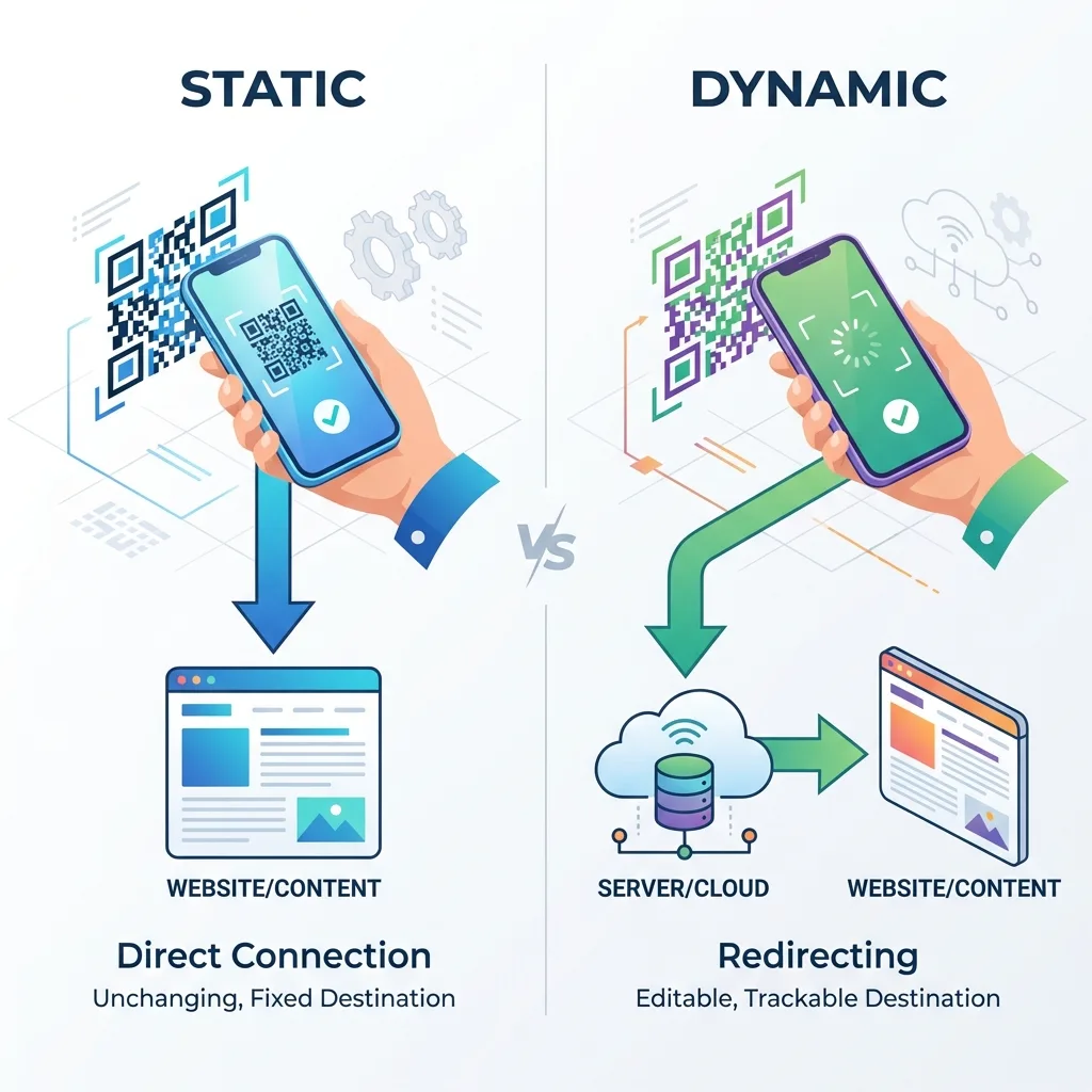 Diagram: a static QR code opens the website directly, a dynamic QR code goes through a server that can redirect and count scans