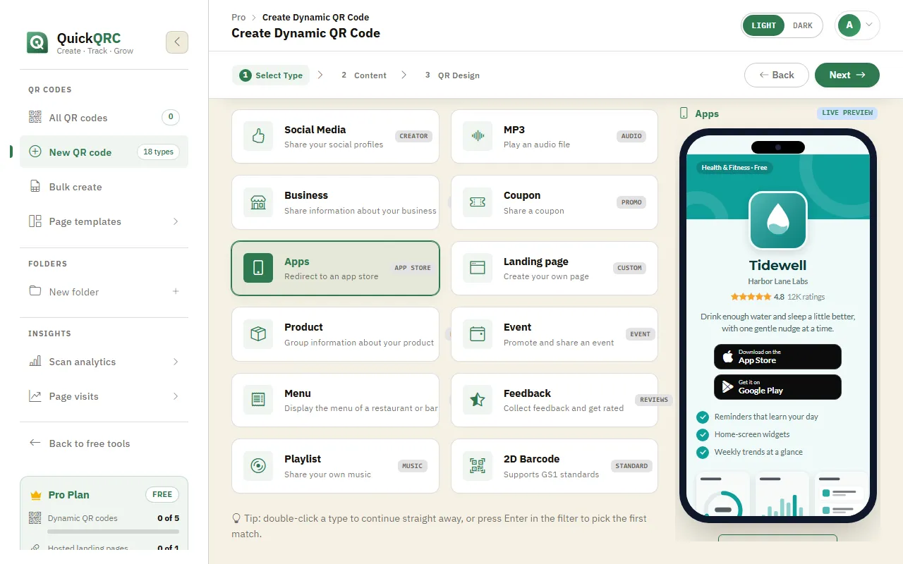 The QuickQRC type picker with the Apps type selected and its phone preview