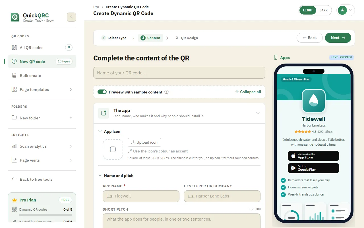 The Apps step of the QuickQRC wizard with store links and a phone preview of an app page