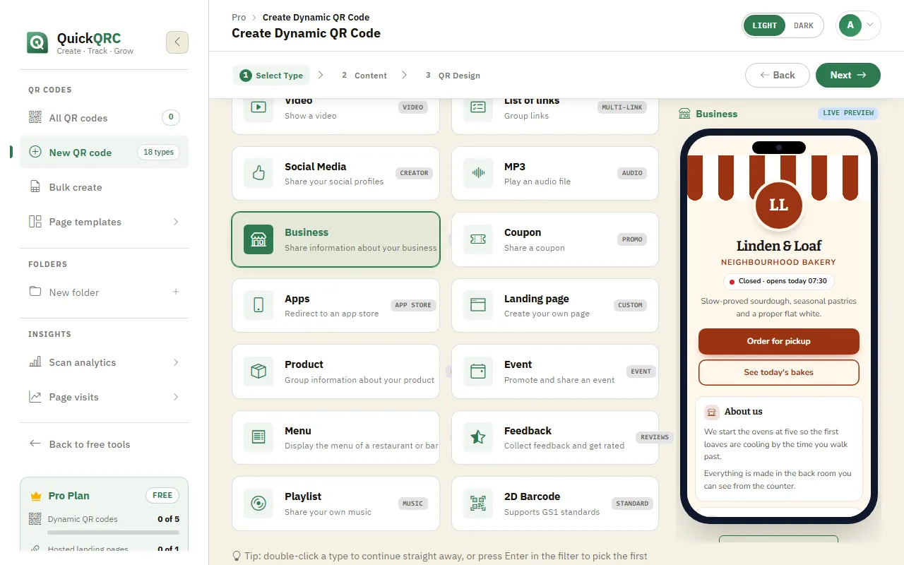 The QuickQRC type picker with the Business type selected and its phone preview