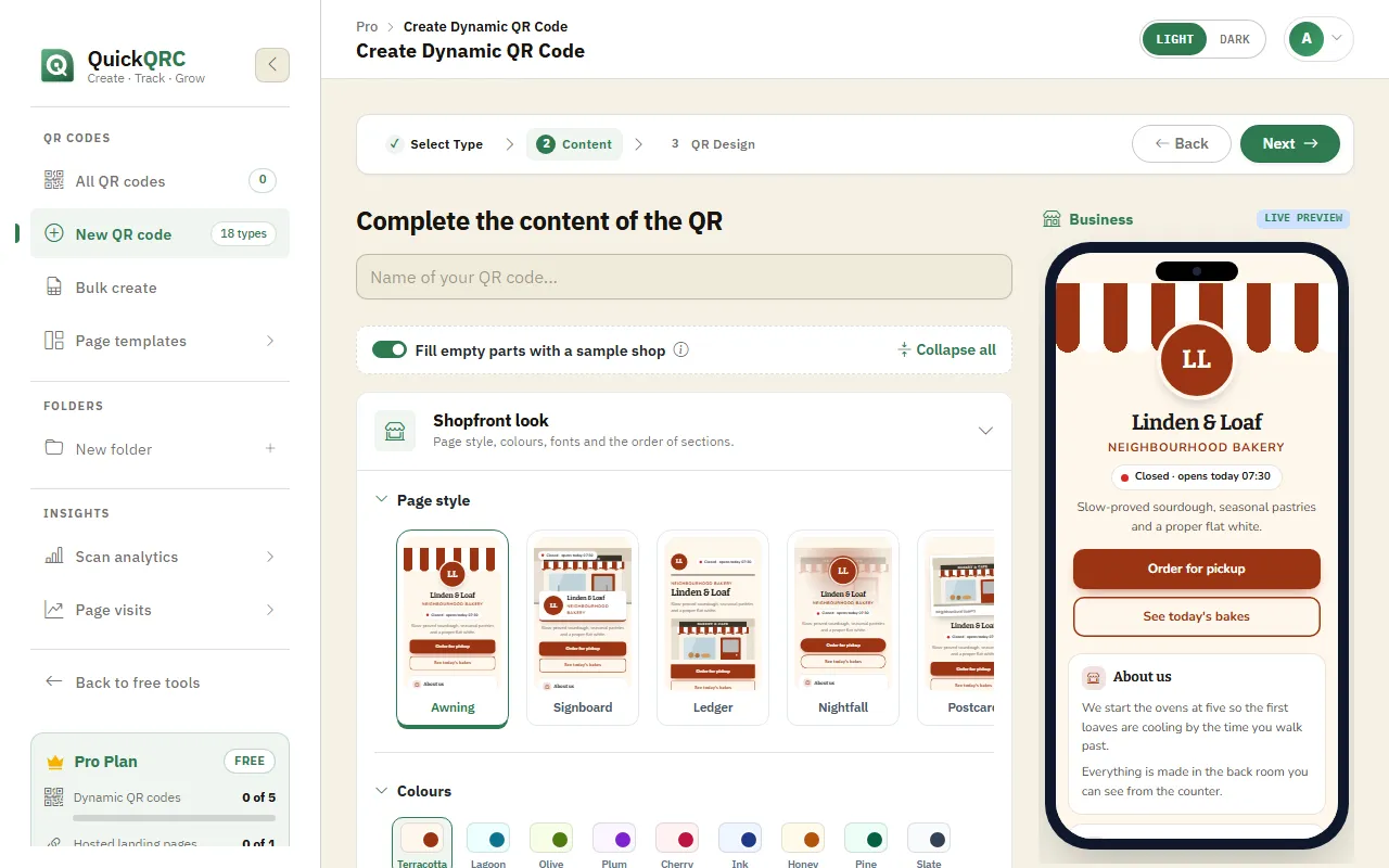 The Business step of the QuickQRC wizard with opening hours and a phone preview of a shop page