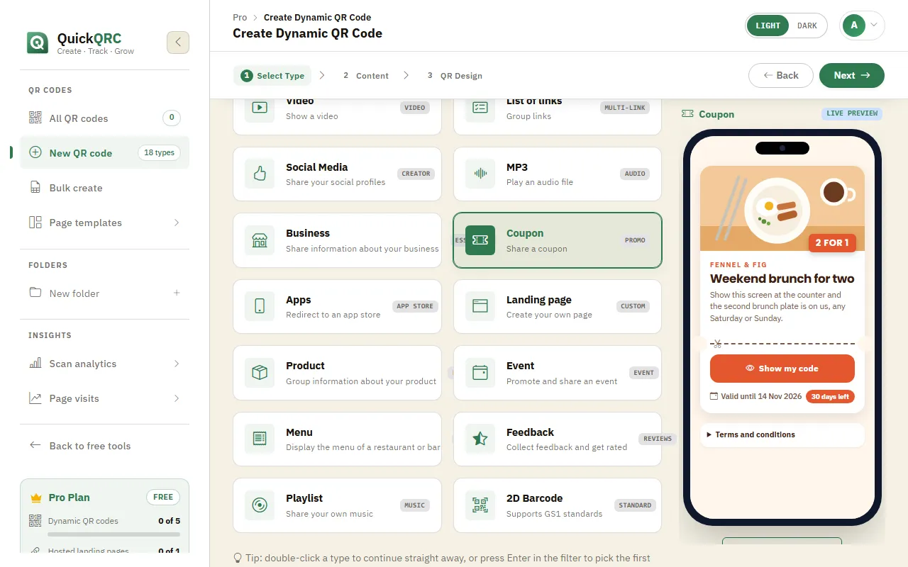 The QuickQRC type picker with the Coupon type selected and its phone preview