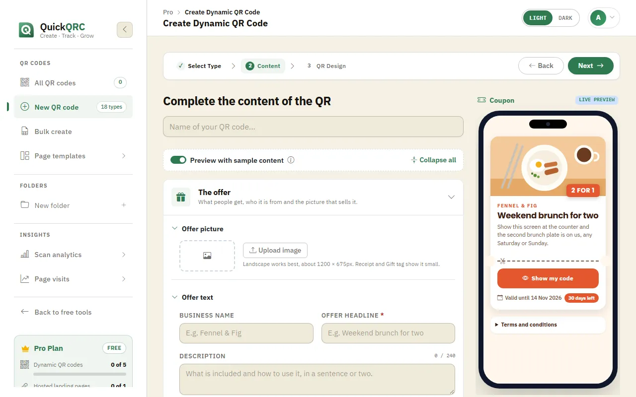 The Coupon step of the QuickQRC wizard with offer details and a phone preview of a coupon