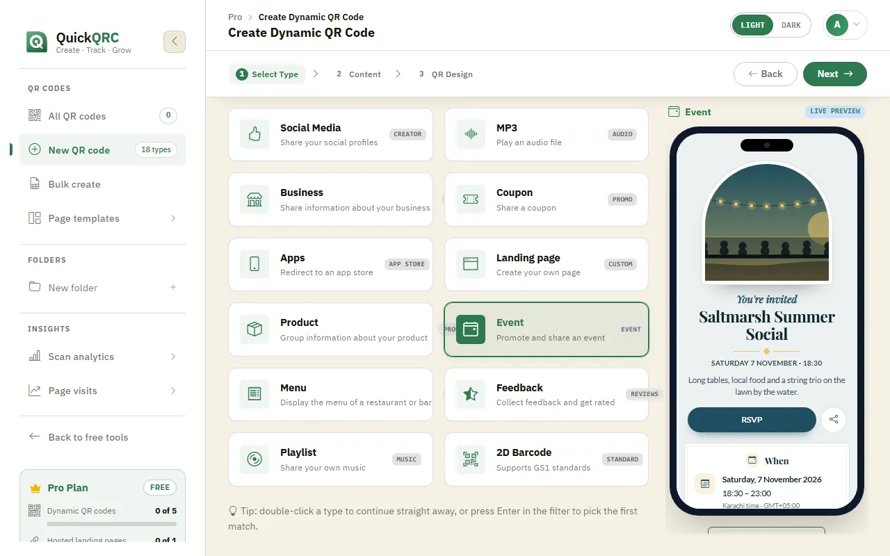 The QuickQRC type picker with the Event type selected and its phone preview