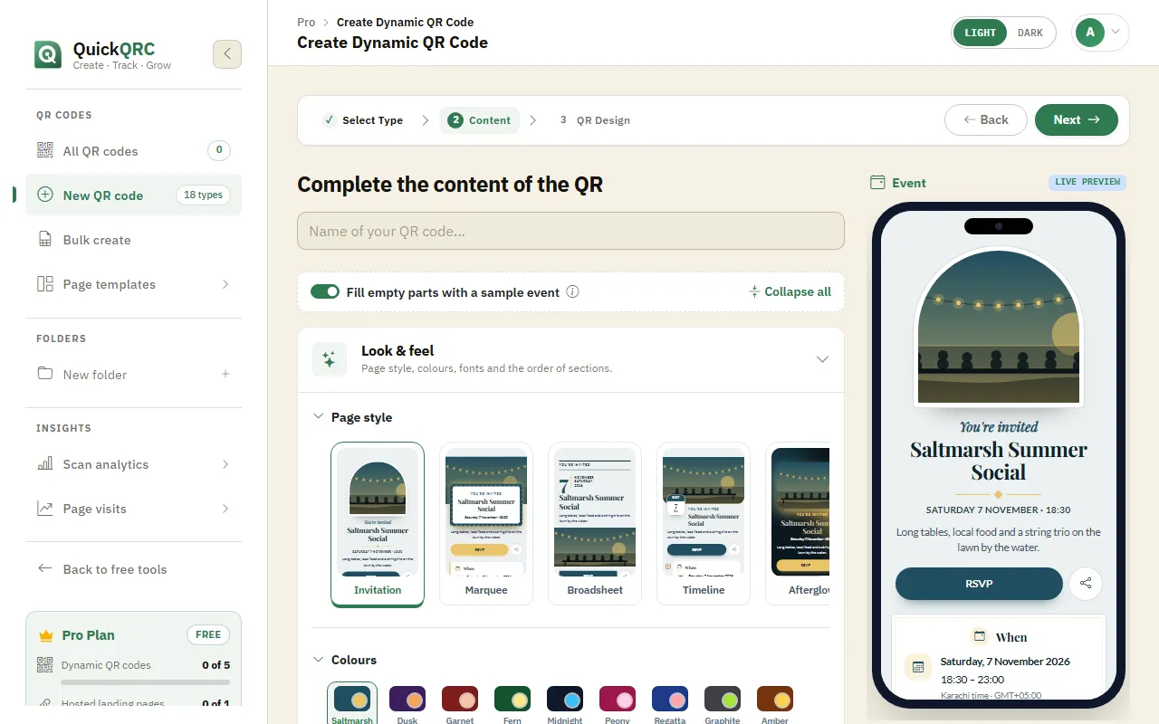 The Event step of the QuickQRC wizard with date, time zone and a phone preview of an event page