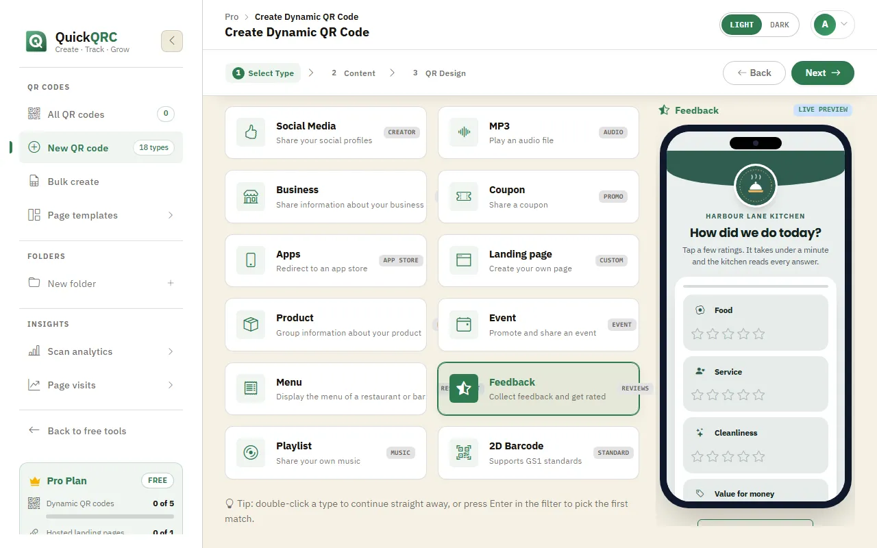 The QuickQRC type picker with the Feedback type selected and its phone preview