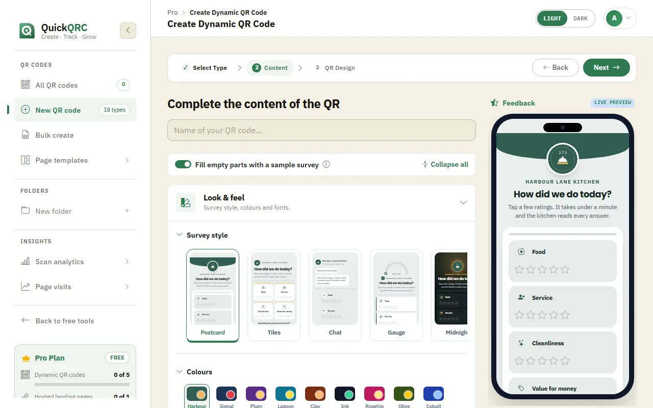 The Feedback step of the QuickQRC wizard with rating scales and a phone preview of a survey