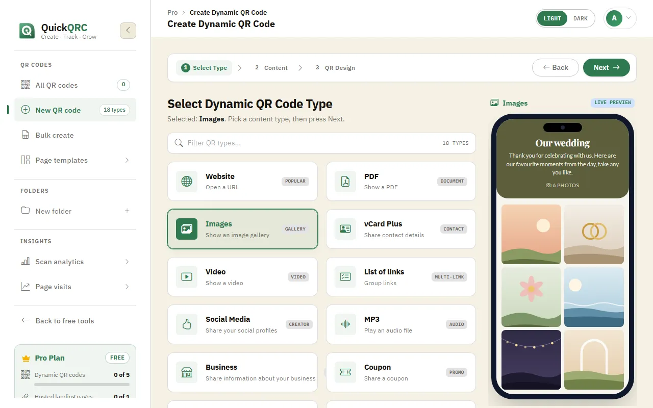 The QuickQRC type picker with the Images type selected and its phone preview