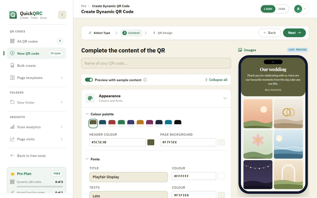 The Images step of the QuickQRC wizard with photo upload, view types and a phone preview of a gallery