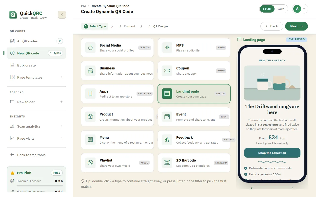 The QuickQRC type picker with the Landing page type selected and its phone preview
