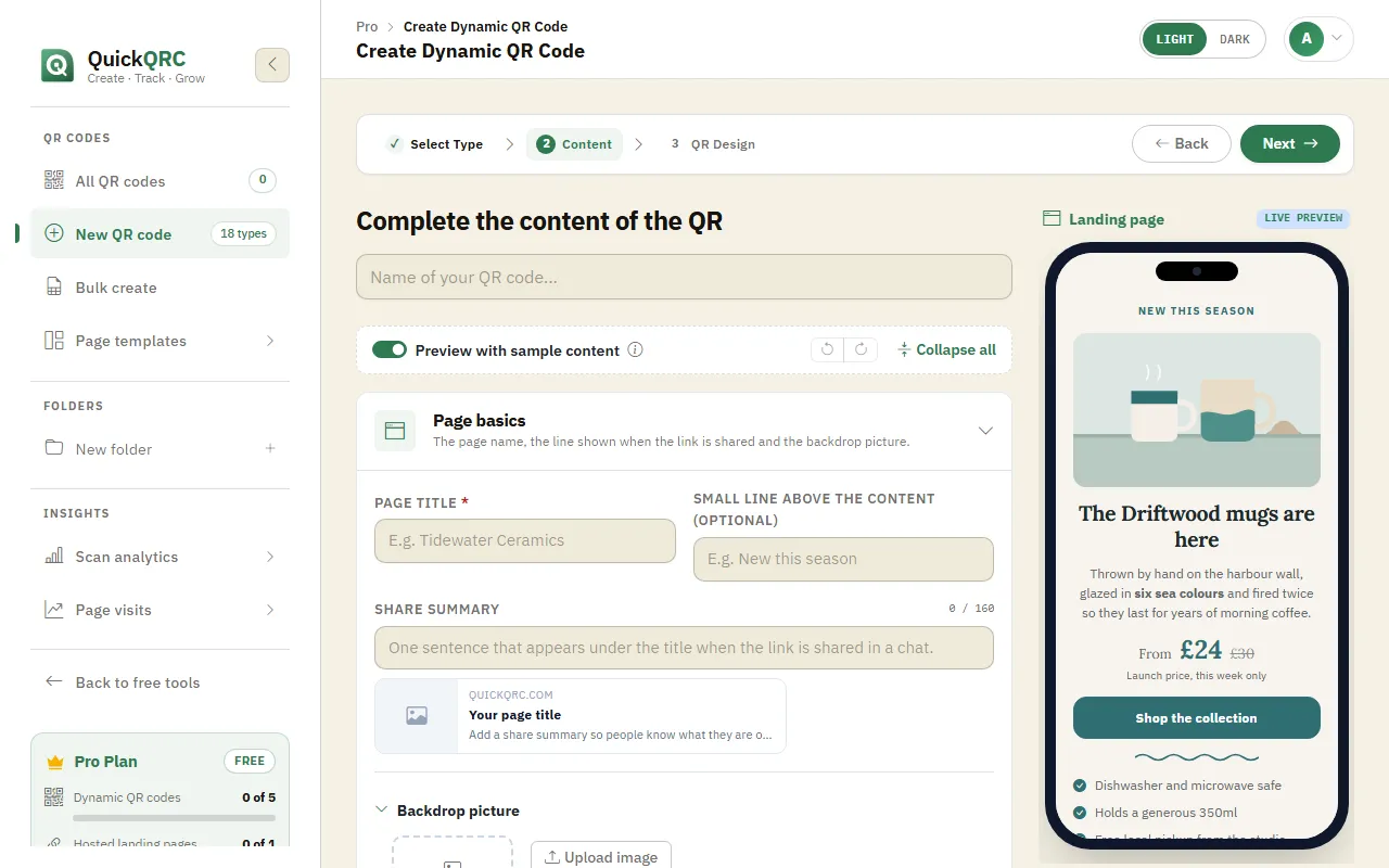 The Landing page step of the QuickQRC wizard with page blocks and a phone preview