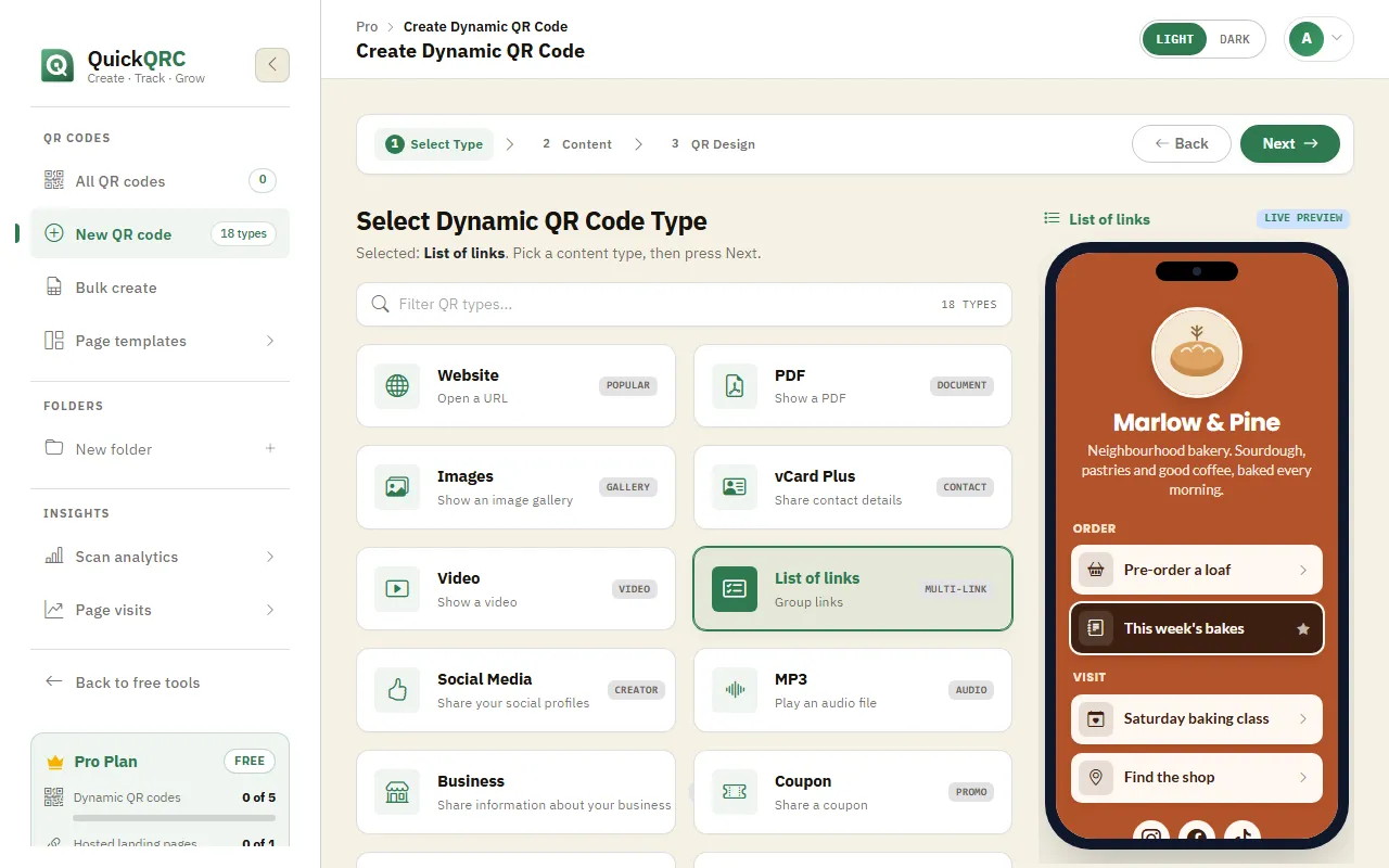 The QuickQRC type picker with the List of links type selected and its phone preview