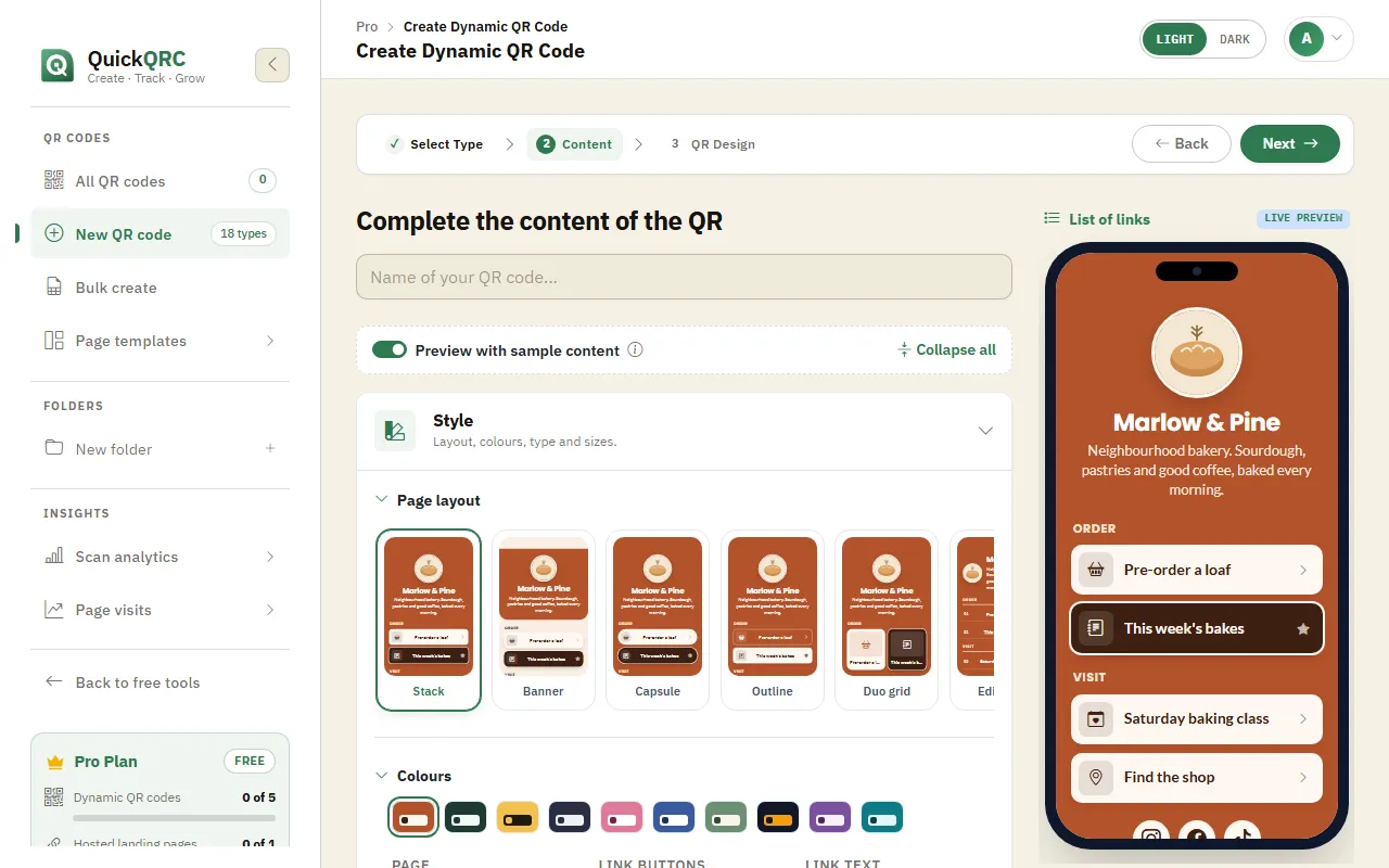 The List of links step of the QuickQRC wizard with layouts and a phone preview of link buttons
