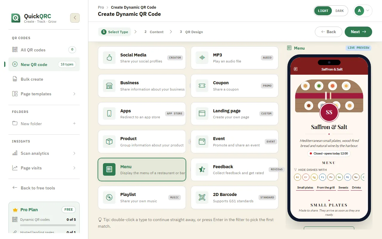The QuickQRC type picker with the Menu type selected and its phone preview