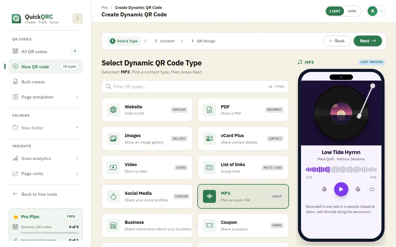 The QuickQRC type picker with the MP3 type selected and its phone preview