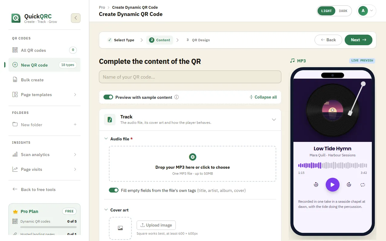 The MP3 step of the QuickQRC wizard with track upload and a phone preview of an audio player