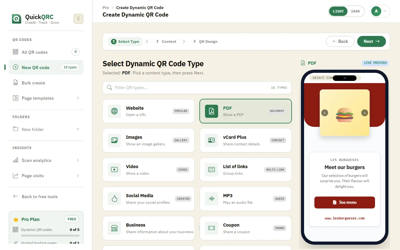 The QuickQRC type picker with the PDF type selected and its phone preview