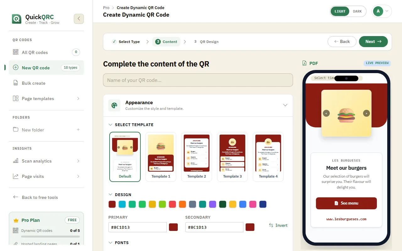 The PDF step of the QuickQRC wizard with page templates, colours and a live phone preview