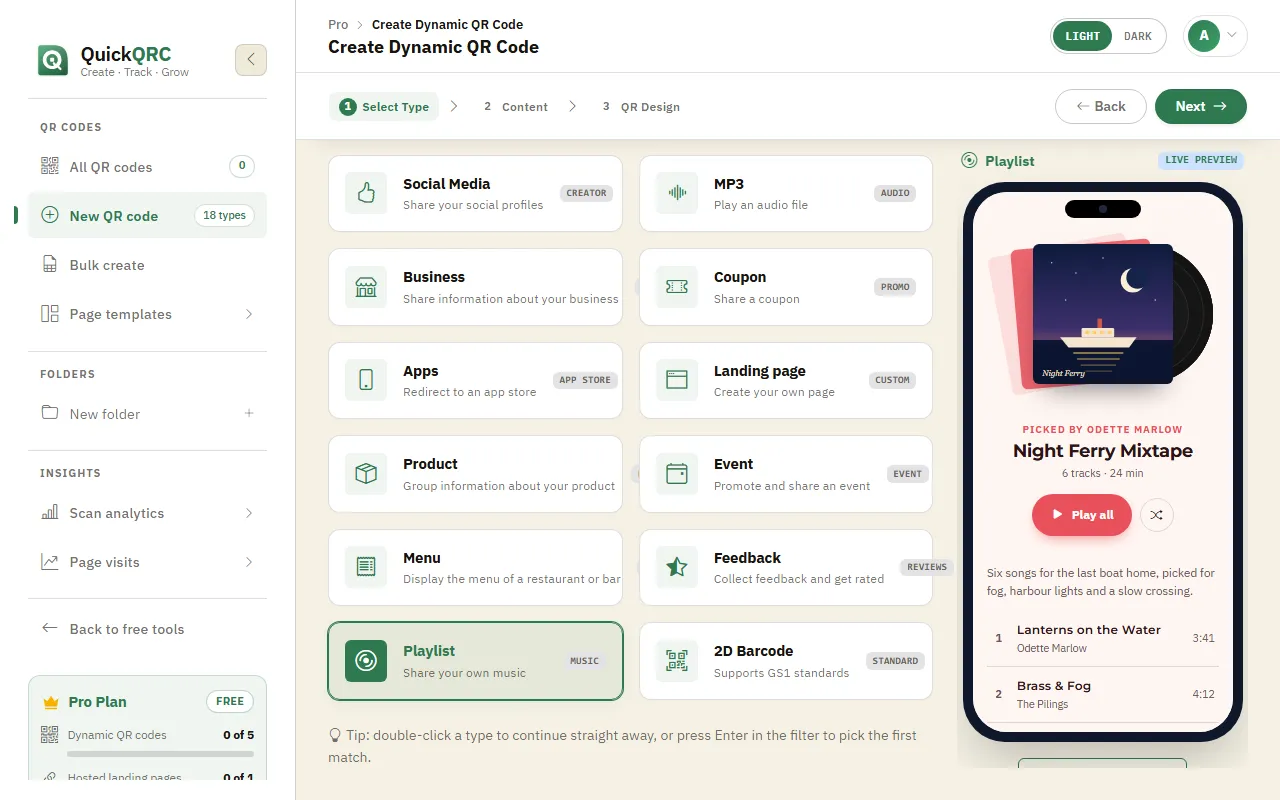 The QuickQRC type picker with the Playlist type selected and its phone preview