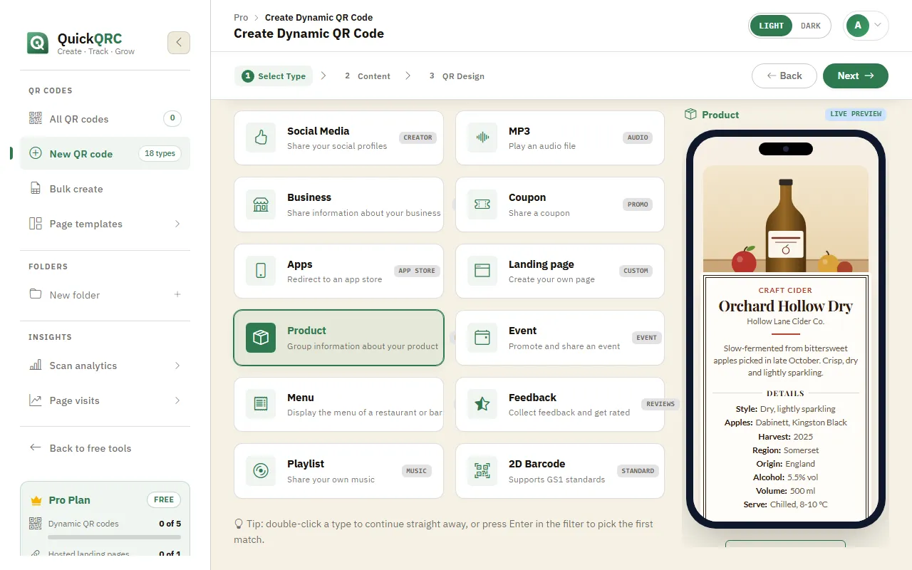 The QuickQRC type picker with the Product type selected and its phone preview
