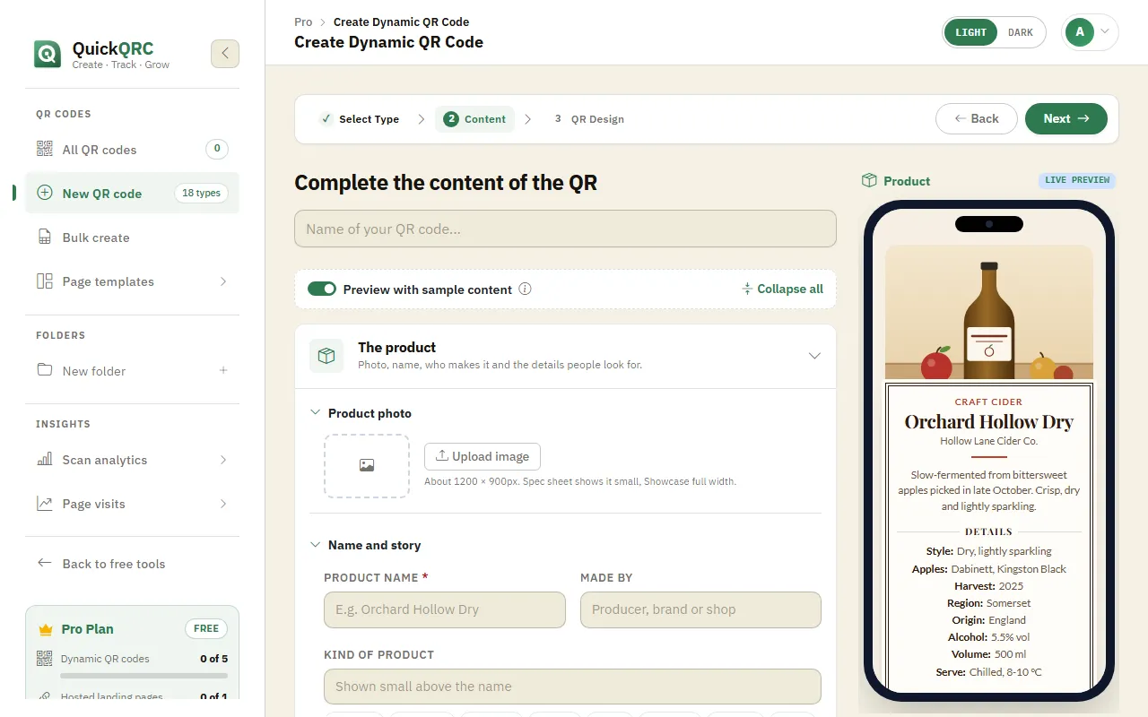 The Product step of the QuickQRC wizard with nutrition and allergen fields and a phone preview