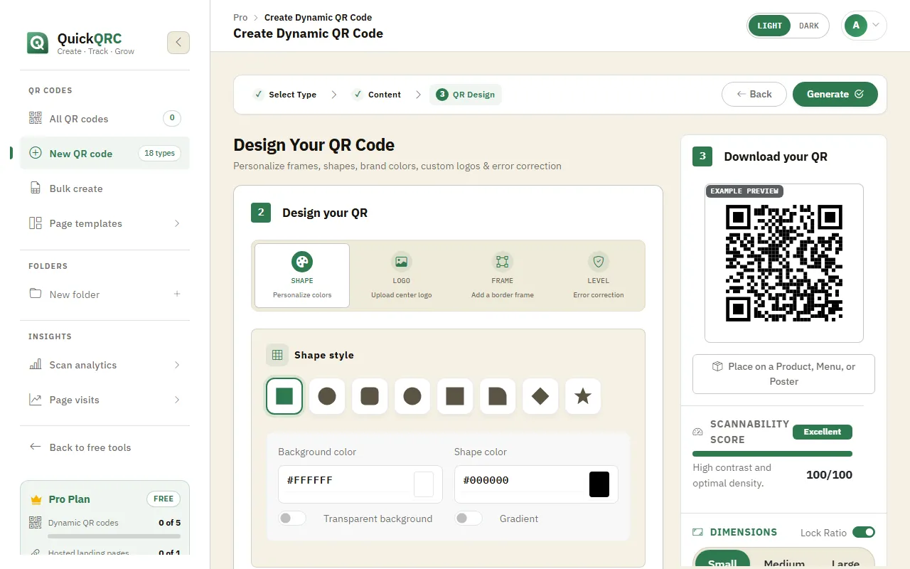 The QR design step of the QuickQRC wizard with shape, logo, frame and level tabs and a scannability score