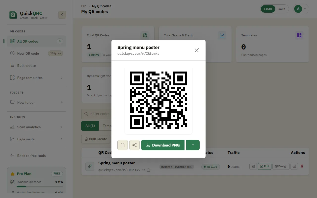 The QuickQRC download window with the QR code, copy and share buttons and a Download PNG button