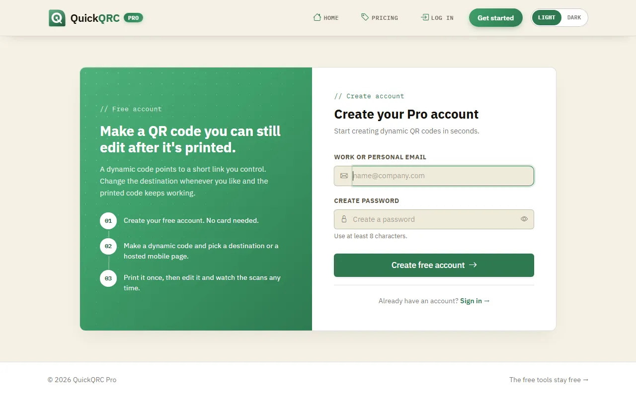 The QuickQRC sign-up page with email and password fields