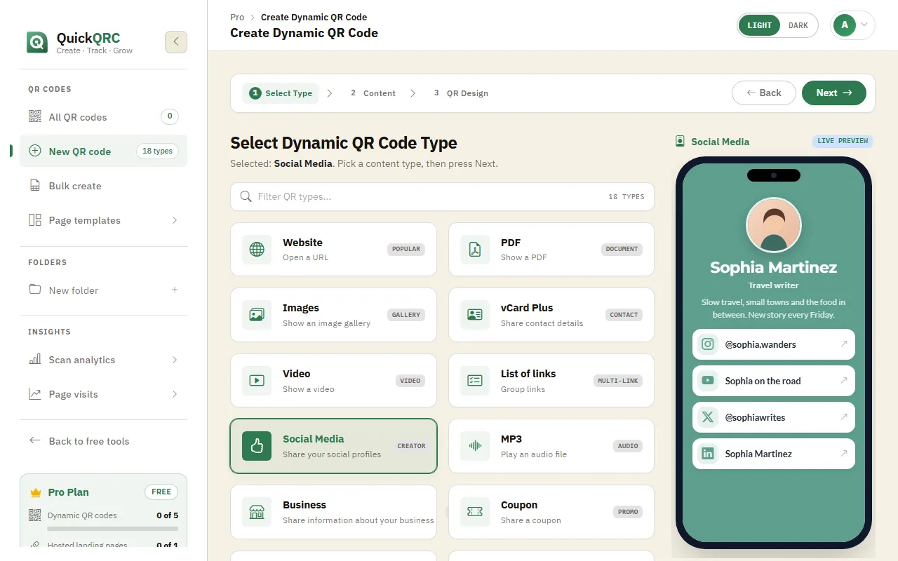 The QuickQRC type picker with the Social Media type selected and its phone preview