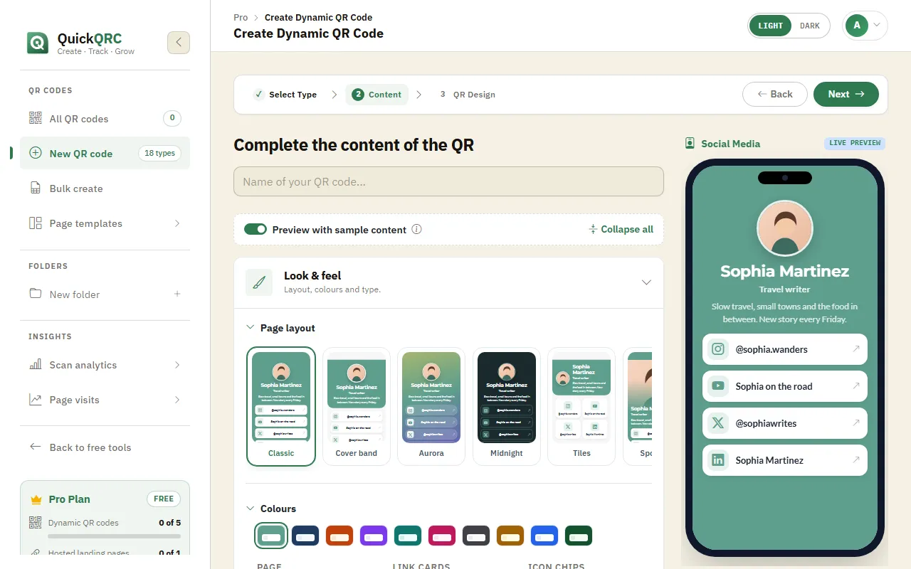 The Social Media step of the QuickQRC wizard with layouts and a phone preview of social buttons