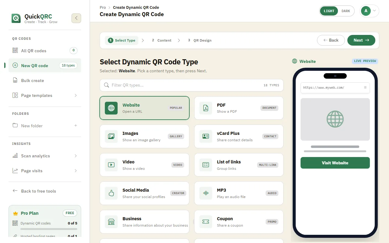 The QuickQRC type picker with the Website type selected and its phone preview