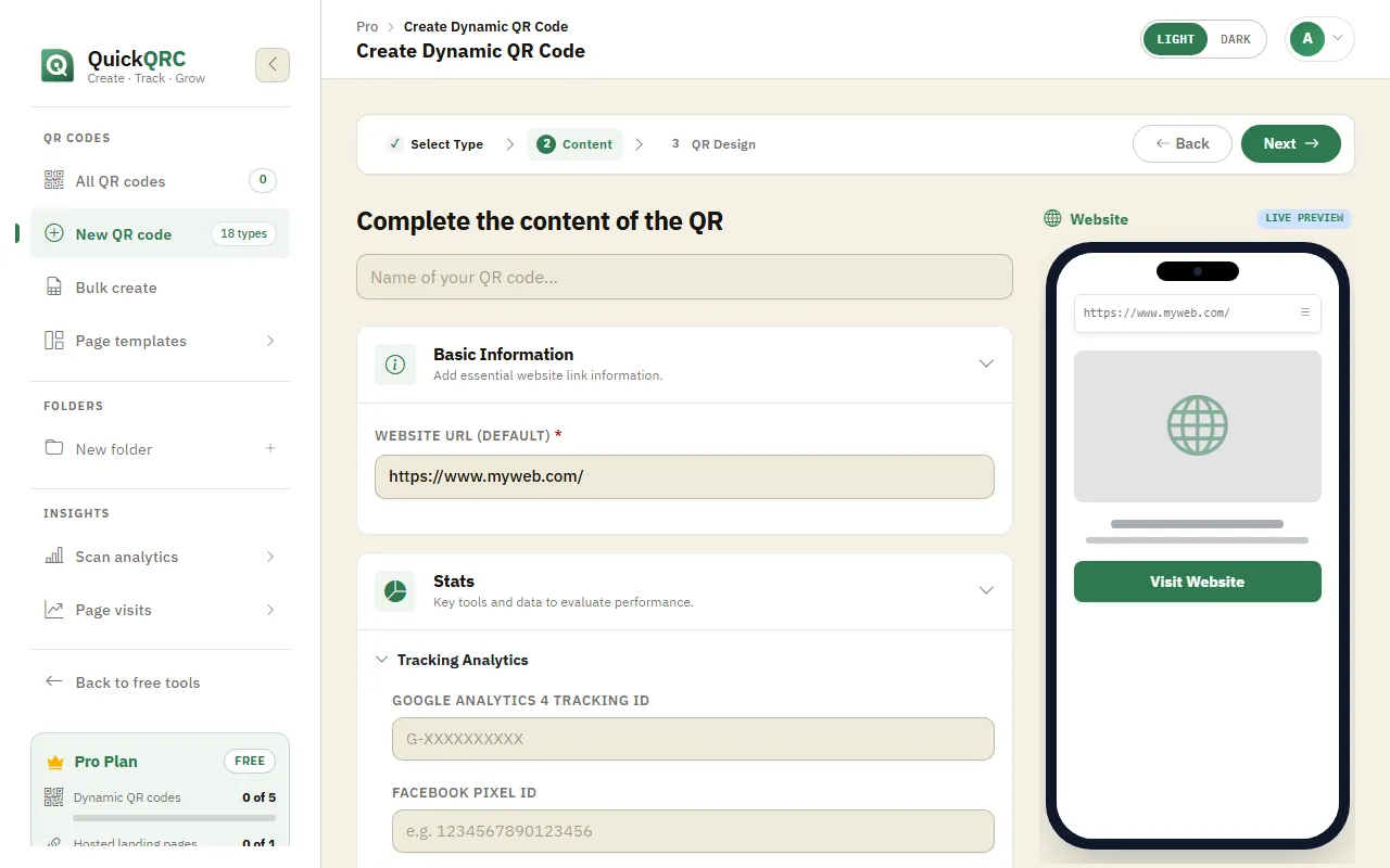 The URL step of the QuickQRC wizard with the Website URL field and a phone preview
