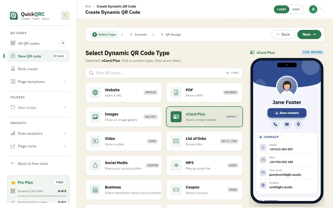 The QuickQRC type picker with the vCard Plus type selected and its phone preview