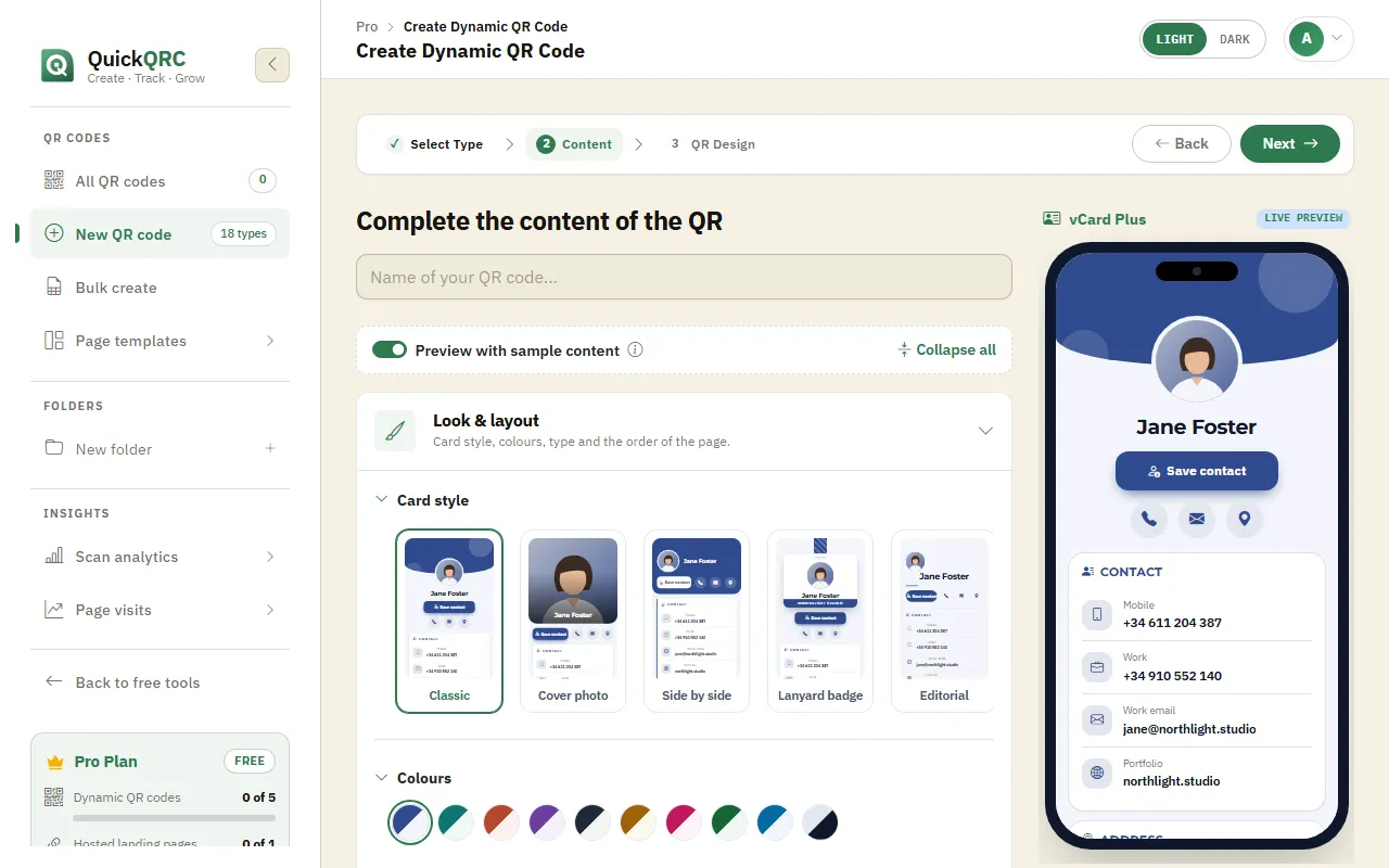 The vCard Plus step of the QuickQRC wizard with card styles and a phone preview of a contact page