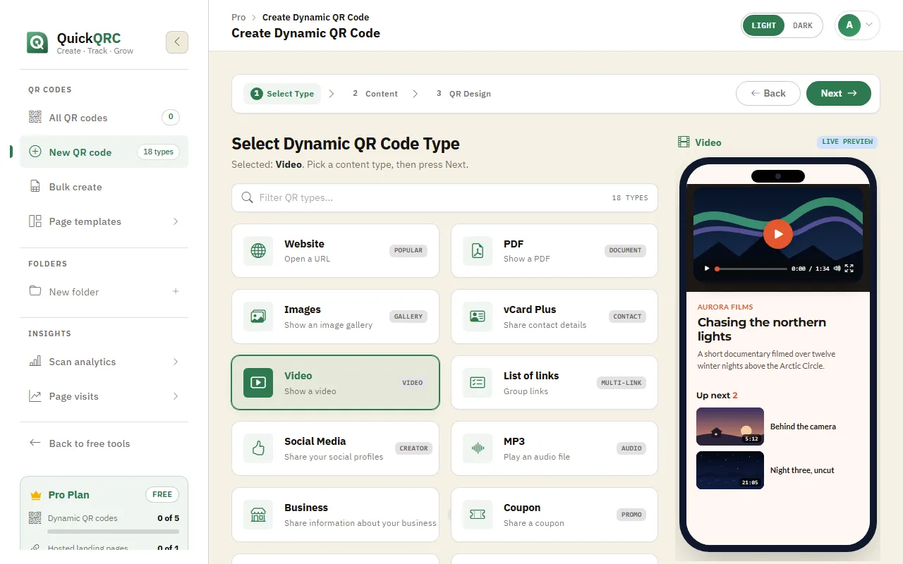 The QuickQRC type picker with the Video type selected and its phone preview