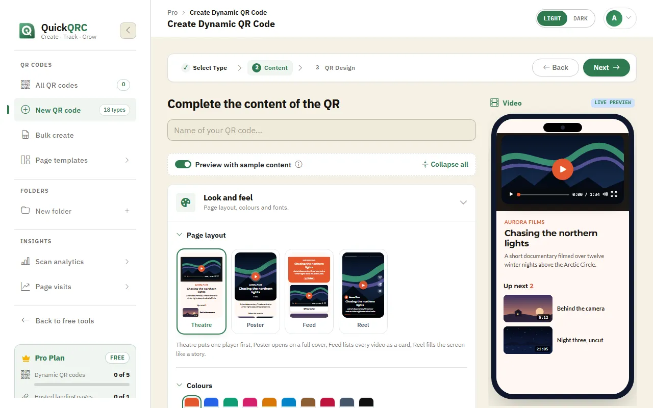 The Video step of the QuickQRC wizard with page layouts and a phone preview playing a video