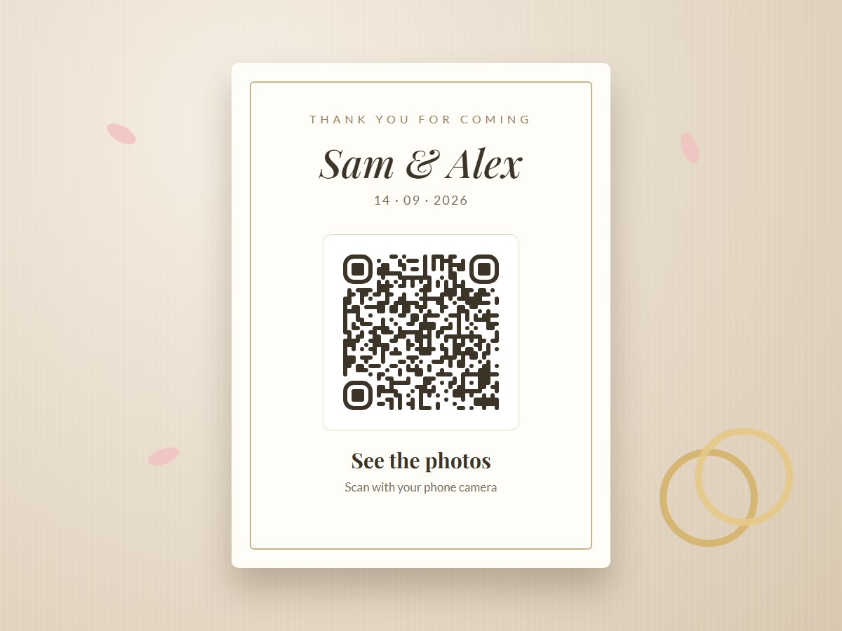 A wedding thank-you table card for Sam and Alex with a QR code captioned See the photos