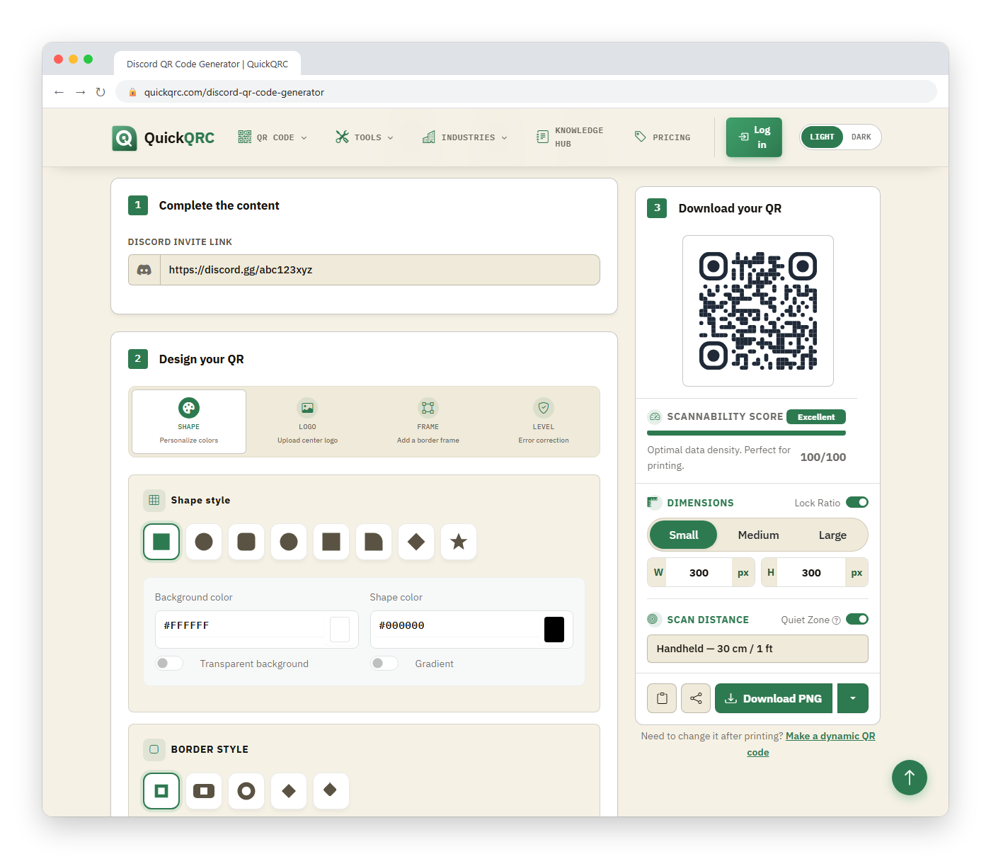 QuickQRC Discord QR code generator in a browser window with a Discord invite link entered on the left and a live QR code preview with a scannability score and Download PNG button on the right