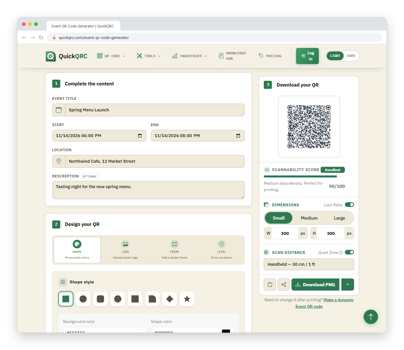 QuickQRC event QR code generator in a browser window with a sample event filled in: title Spring Menu Launch, start and end date and time, location and description, and a live QR code preview with a scannability score and Download PNG button