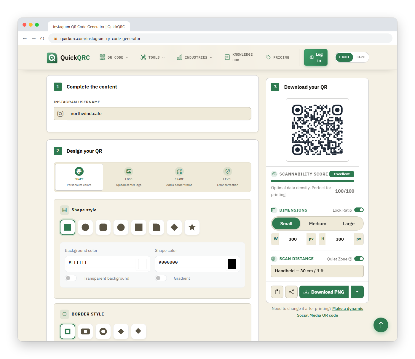 QuickQRC Instagram QR code generator in a browser window with the username northwind.cafe entered on the left and a live QR code preview with a scannability score and Download PNG button on the right