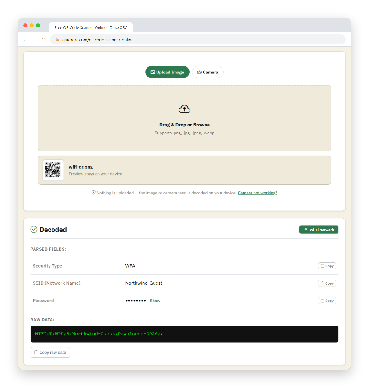 QuickQRC online QR code scanner in a browser window after a Wi-Fi QR code image was uploaded: a thumbnail of the image, then Decoded with the Wi-Fi Network type, the security type WPA, the network name, a masked password with a Show link, and the raw data