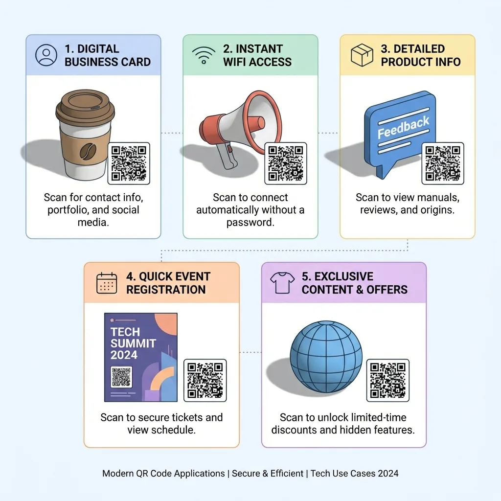 QR codes on a coffee cup, flyer, product box and event poster, each opening a different kind of content