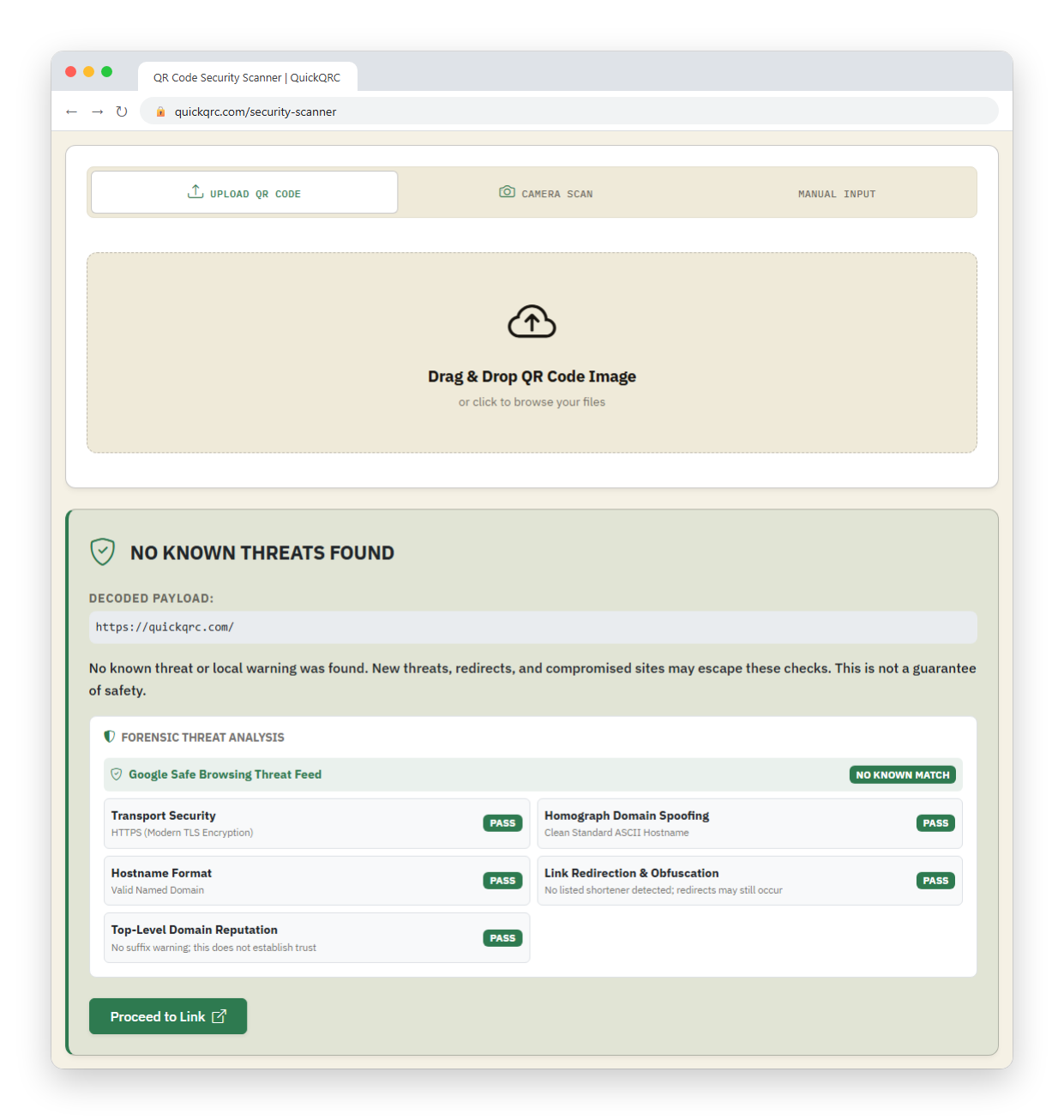 QuickQRC QR code security scanner in a browser window after a QR code image was uploaded: a green No Known Threats Found result, the decoded address https://quickqrc.com, Google Safe Browsing reporting no known match, and the five local checks all passing, with the note that this is not a guarantee of safety